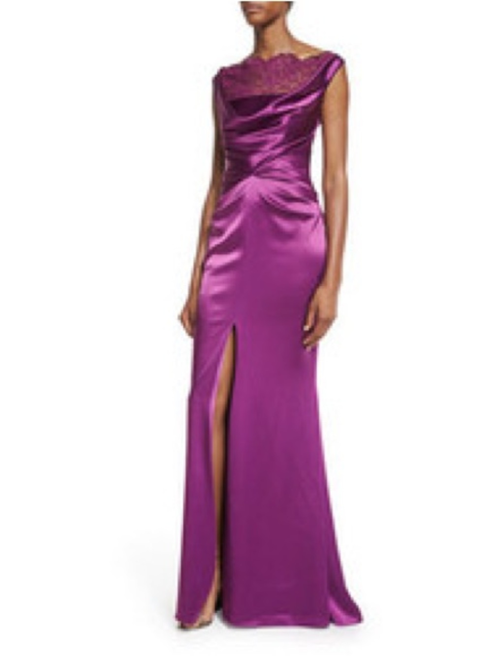 Talbots Runhof,Elegant Asymmetrical Purple Satin Evening Gown with Lace Yoke.